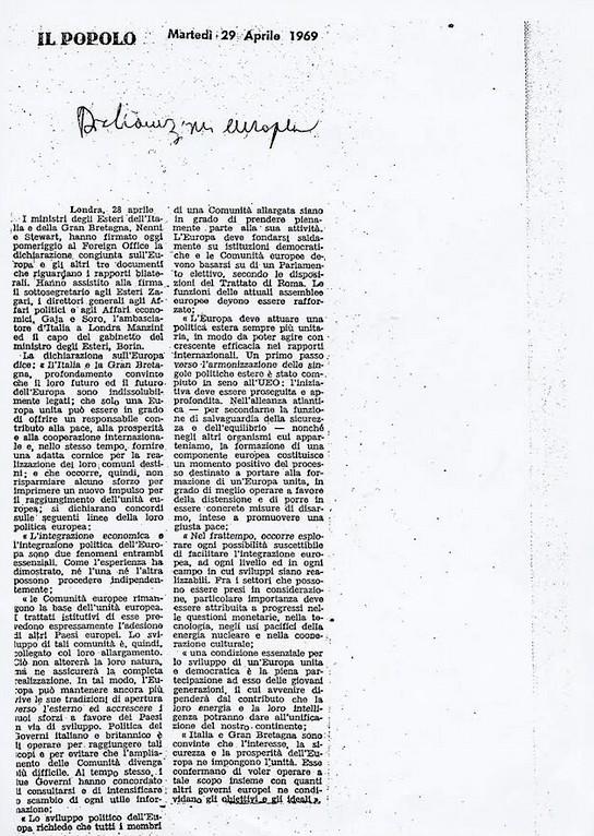 Scanned original of the Anglo-Italian Declaration as published in Il Popolo, 29 April 1969, in Italian